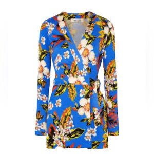 DIANE VON FURSTENBERG 100% SILK FLORAL PRINT LOKG SLEEVE ROMPER SZ 14